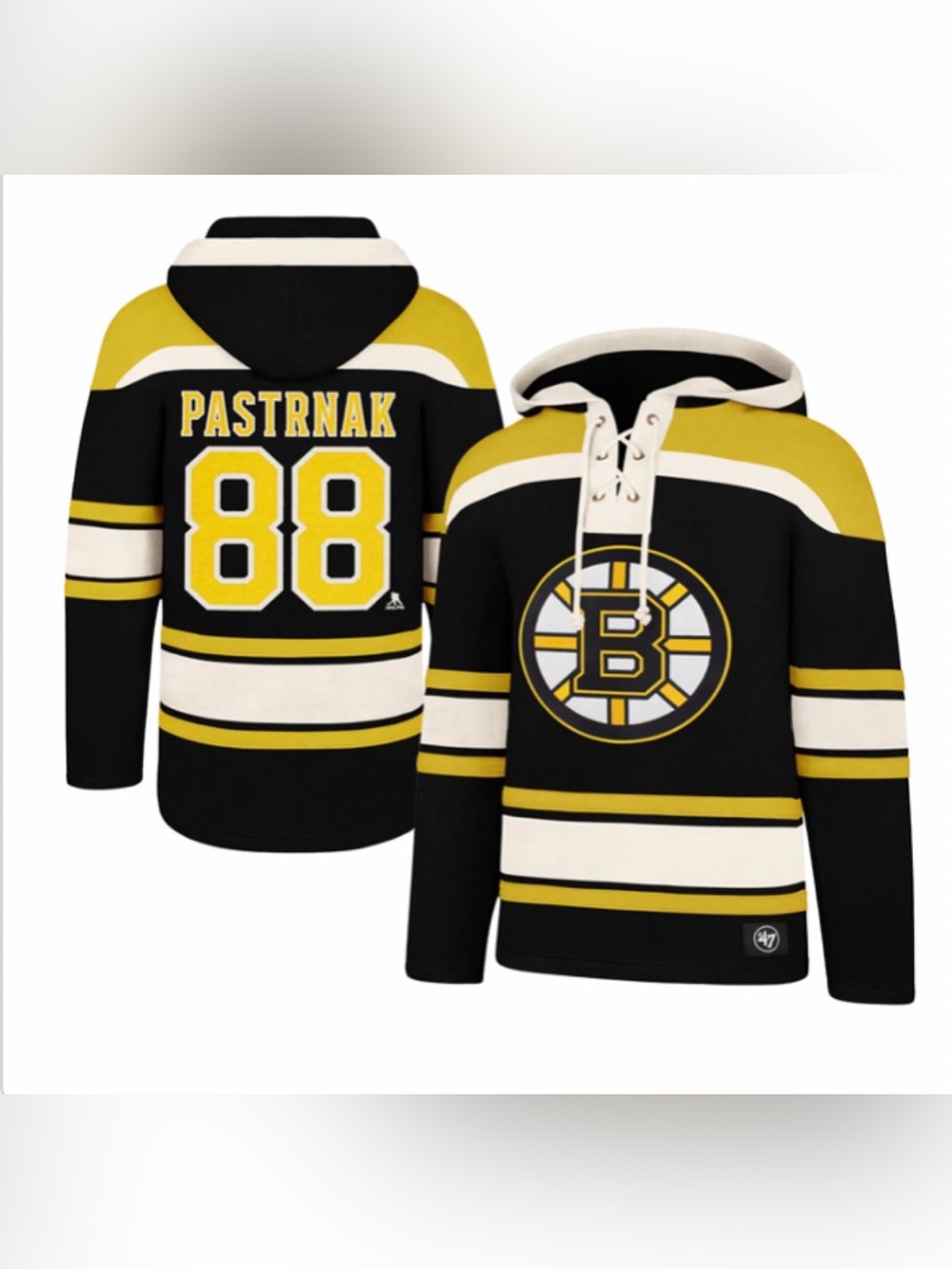 Men's Boston Bruins David Pastrnak '47 Big & Tall Lace-up Pullover Hoodie XLT